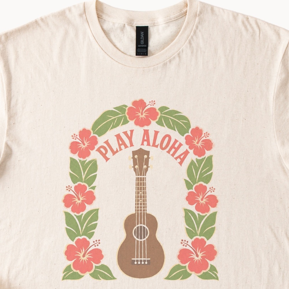 Play Aloha Ukulele in Tropical Hibiscus Arch Tee